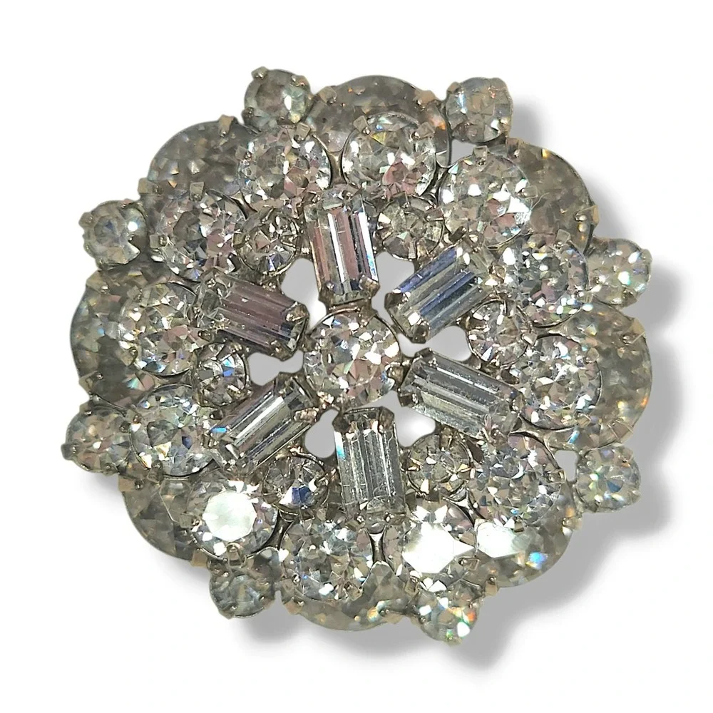 Weiss Clear Rhinestone Brooch Silver Tone Round Cluster Vintage Glam OS